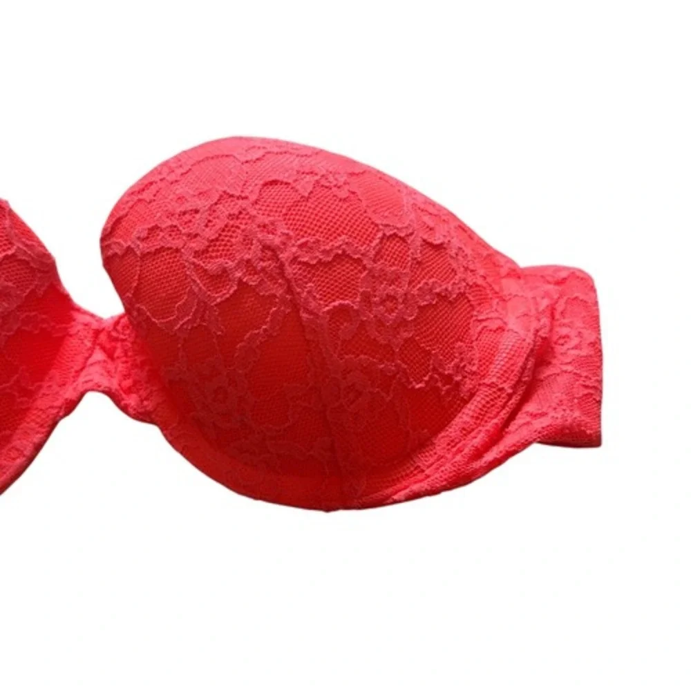 Pink Lace Strapless Bra Bandeau Underwire Padded Lingerie‎